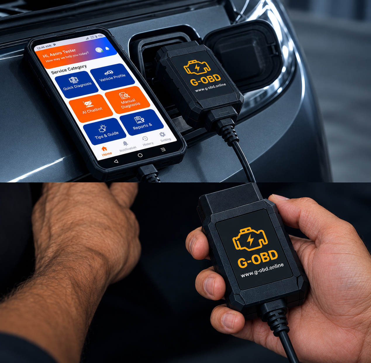 G-OBD device plugged into a car next to the G-OBD phone app
